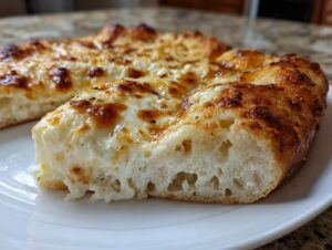 Close-up of a thick slice of white pizza showing a fluffy crust and creamy, browned ricotta cheese topping.