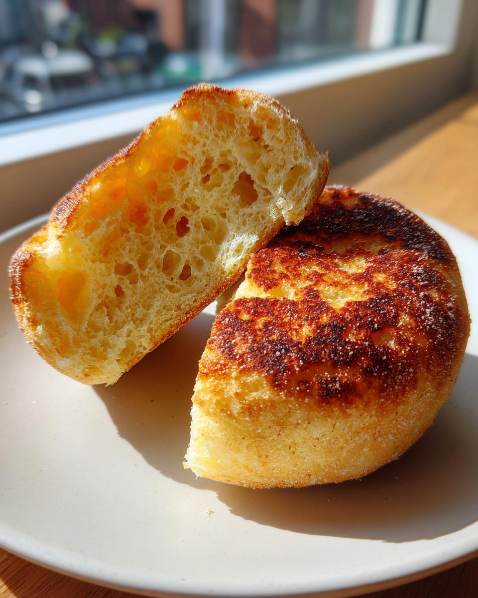 Close-up of a toasted english muffin split in half, showing its airy, porous crumb structure.