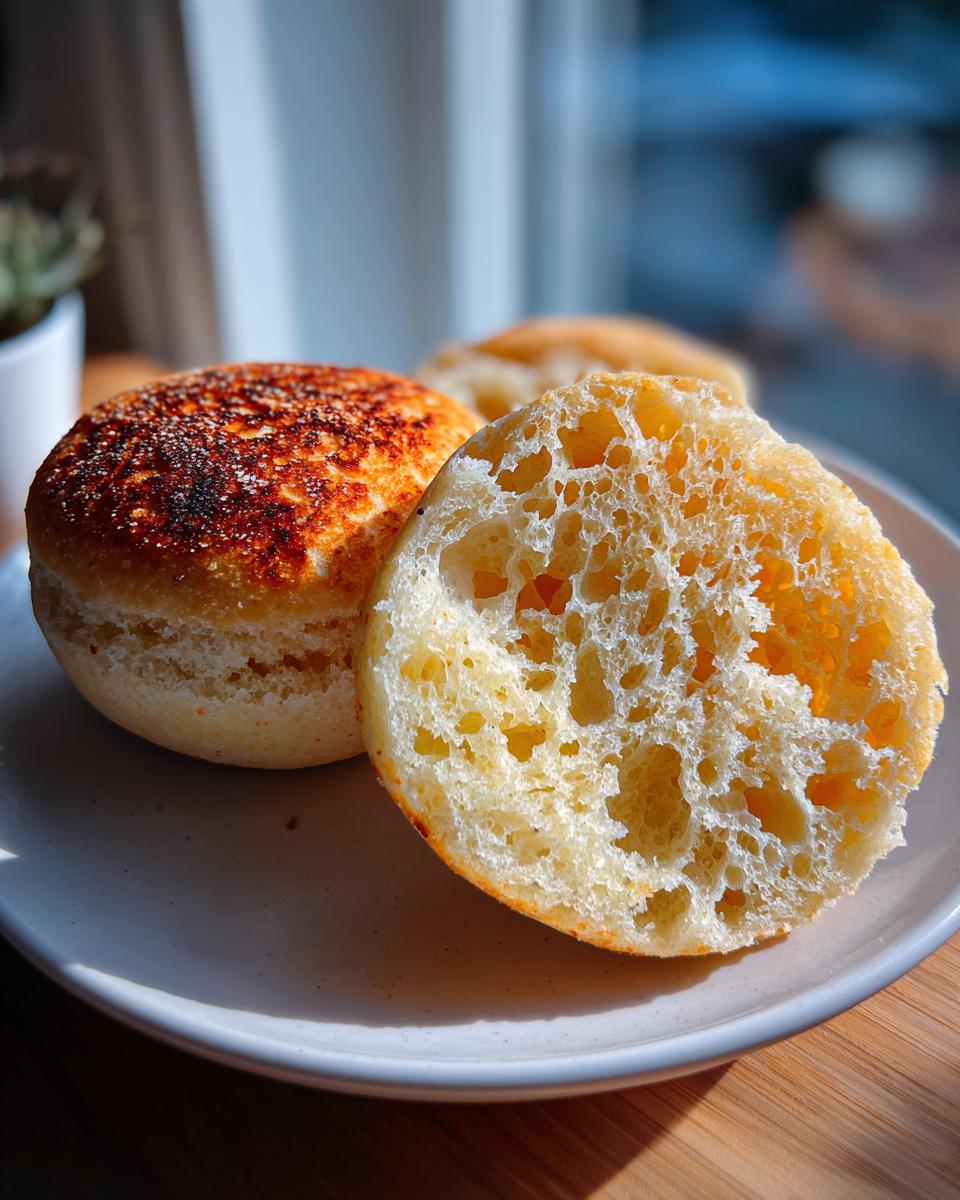 Close-up of a toasted english muffin, one half showing its signature open, airy crumb structure.