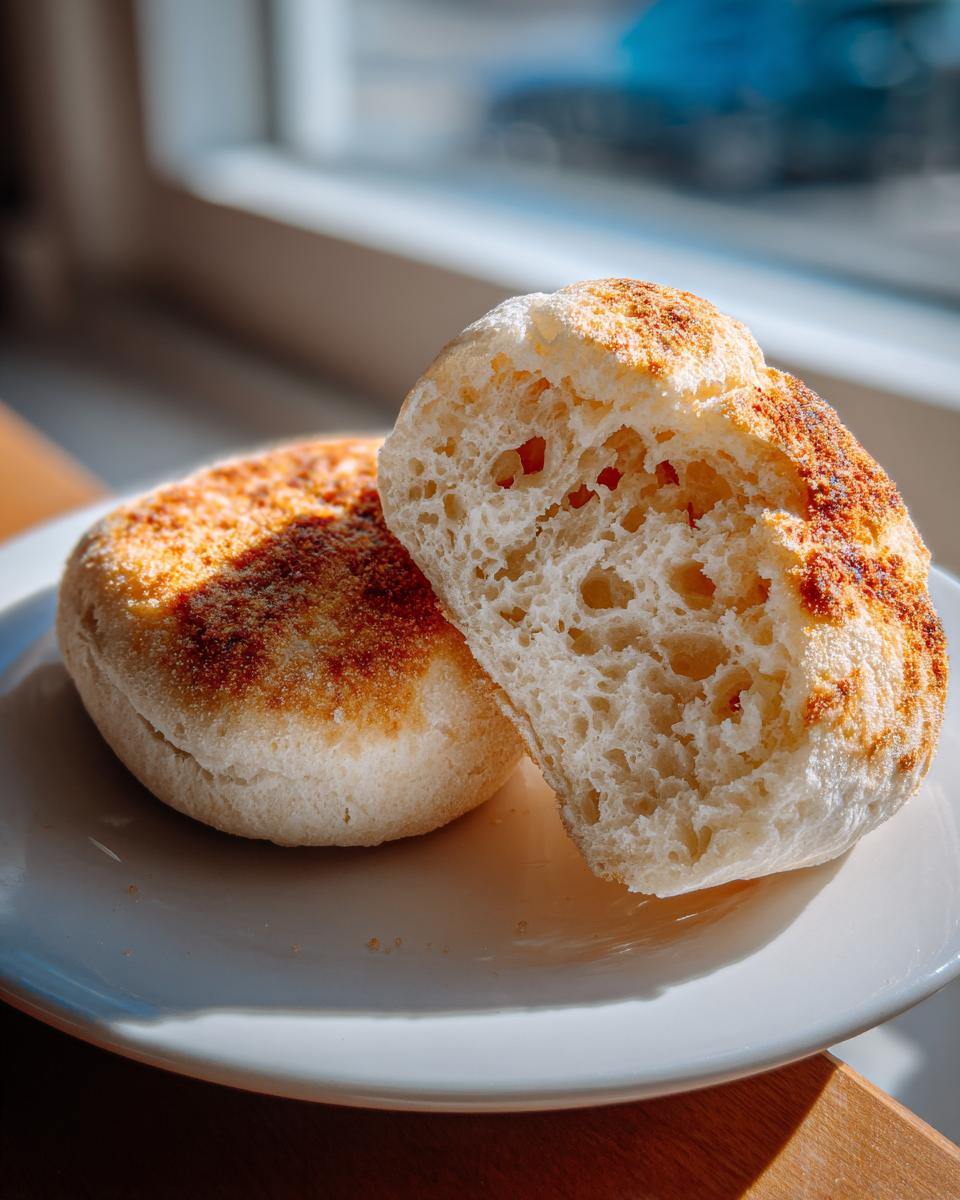 Close-up of a toasted english muffin, split open to show the signature nooks and crannies texture.
