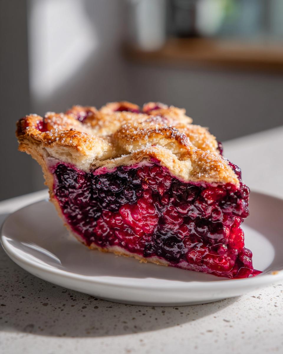 A close-up shot of one perfect slice of triple berry pie showing the deep red and purple filling and sugared lattice crust.