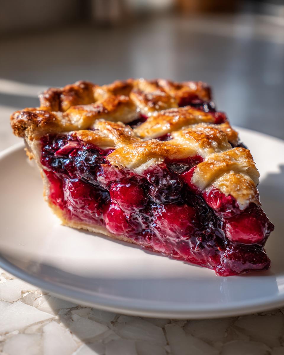 A close-up of a juicy slice of triple berry pie featuring a glistening berry filling and golden lattice crust.