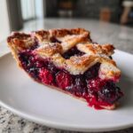 A close-up of a juicy slice of triple berry pie featuring a lattice crust sprinkled with sugar.