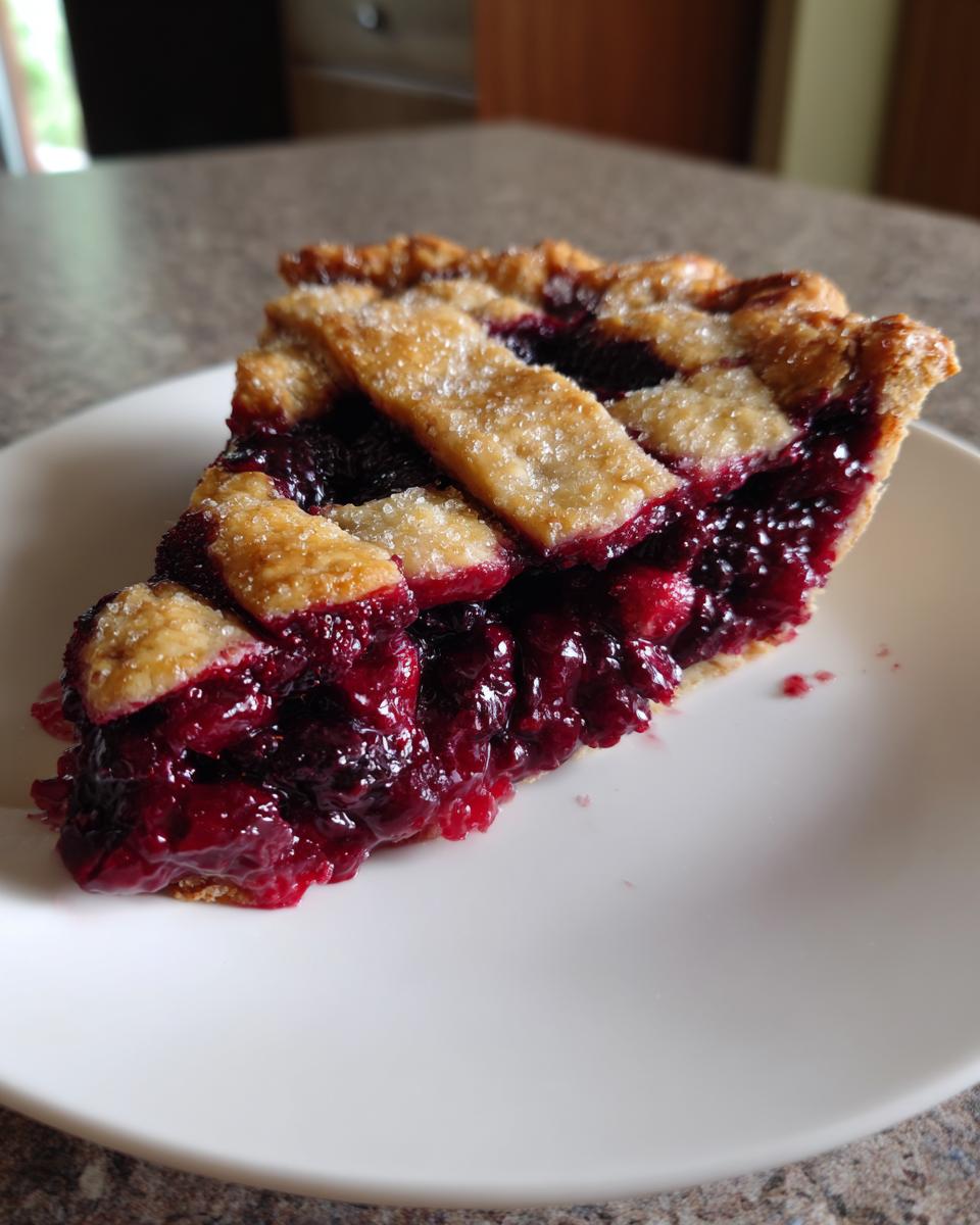 Close-up of a juicy slice of triple berry pie featuring a rich, dark red filling and a sparkling, sugared lattice crust.