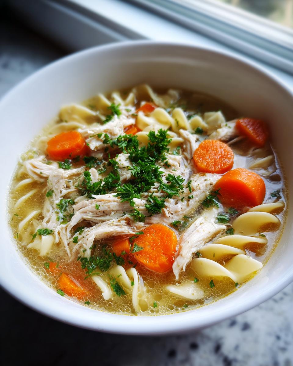 Close-up of a white bowl filled with steaming turkey noodle soup, featuring shredded turkey, egg noodles, sliced carrots, and fresh parsley.