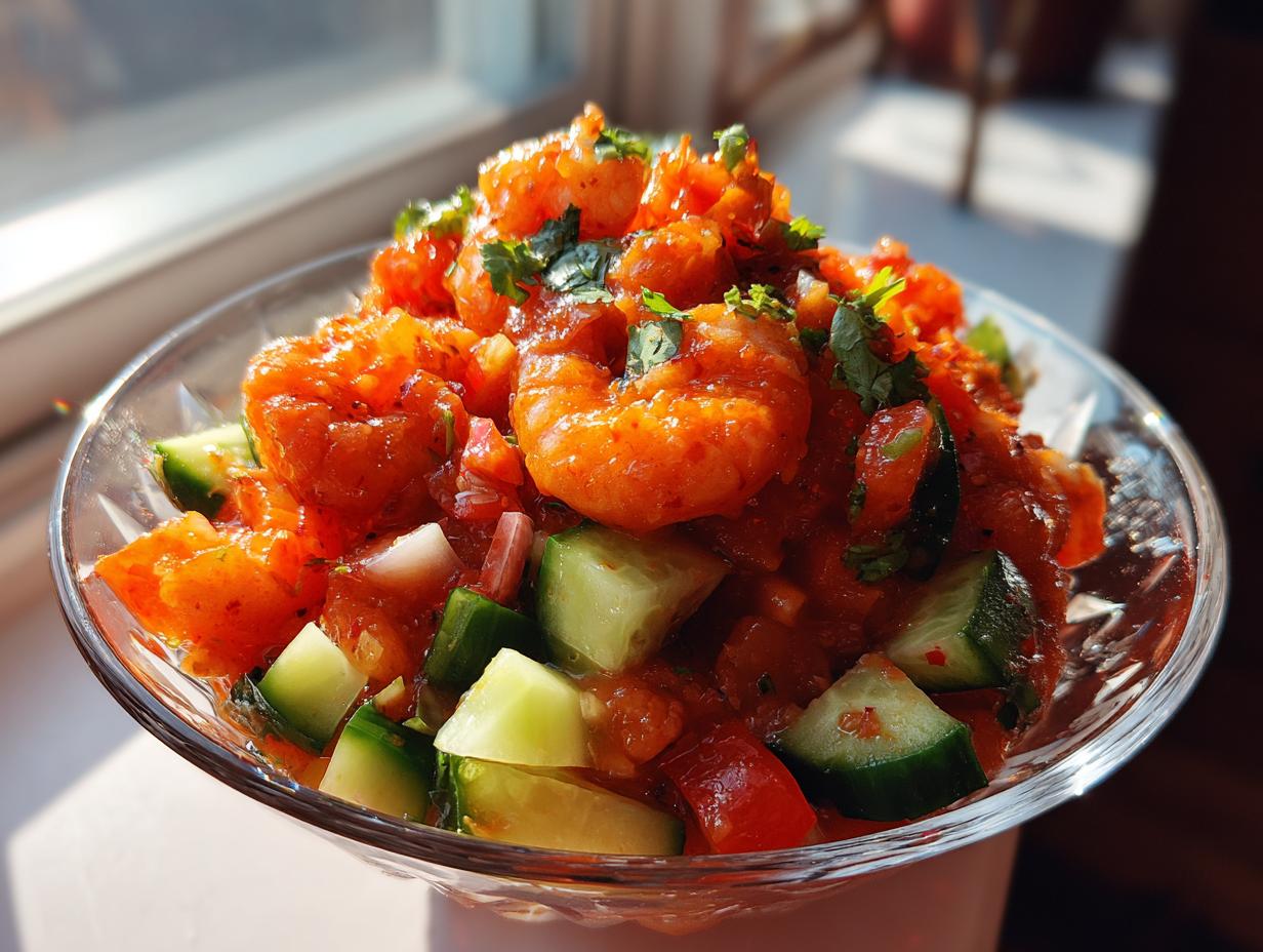 Close-up of a vibrant Mexican shrimp cocktail featuring shrimp in a red sauce with chunks of cucumber and cilantro.