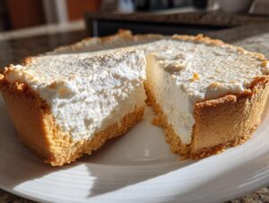 A close-up of a white chocolate mousse tart with a thick, creamy filling and a golden graham cracker crust, one slice partially removed.