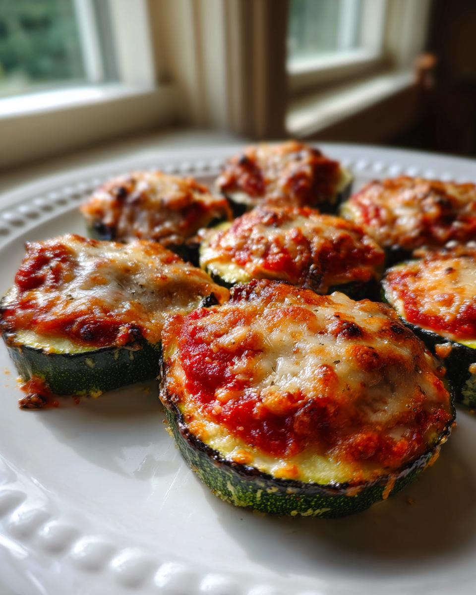 Close-up of several baked zucchini pizza bites topped with tomato sauce and melted, bubbly cheese on a white plate.