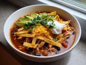 A rich bowl of chicken tortilla soup topped with avocado, cheese, sour cream, and tortilla strips.