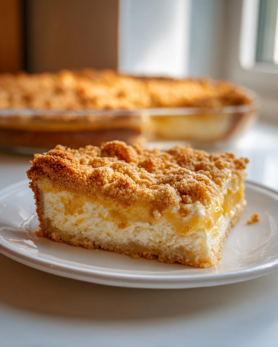 A square slice of creamy, layered squash casserole topped with golden brown crumble on a white plate.