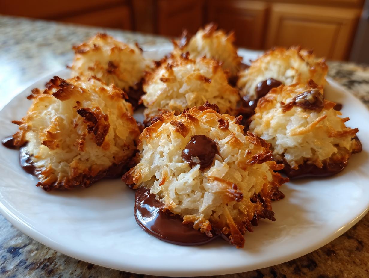 A plate of freshly baked coconut macaroon blossoms with toasted edges and chocolate-dipped bottoms.
