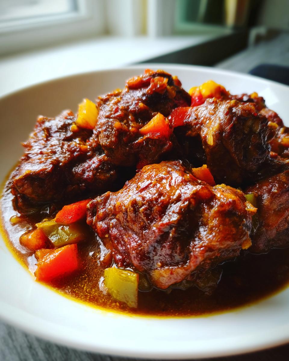 Close-up of rich, dark brown stew chicken pieces coated in sauce with visible red and green peppers.