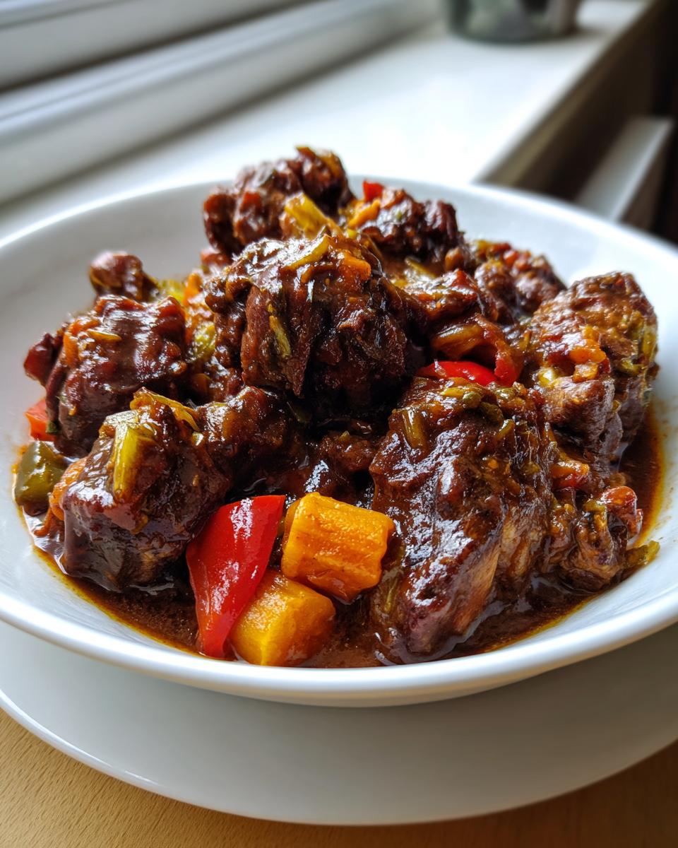 Close-up of rich, dark brown stew chicken pieces coated in thick sauce with visible peppers.