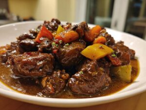 Close-up of rich, dark brown stew chicken pieces swimming in savory sauce with carrots and peppers.