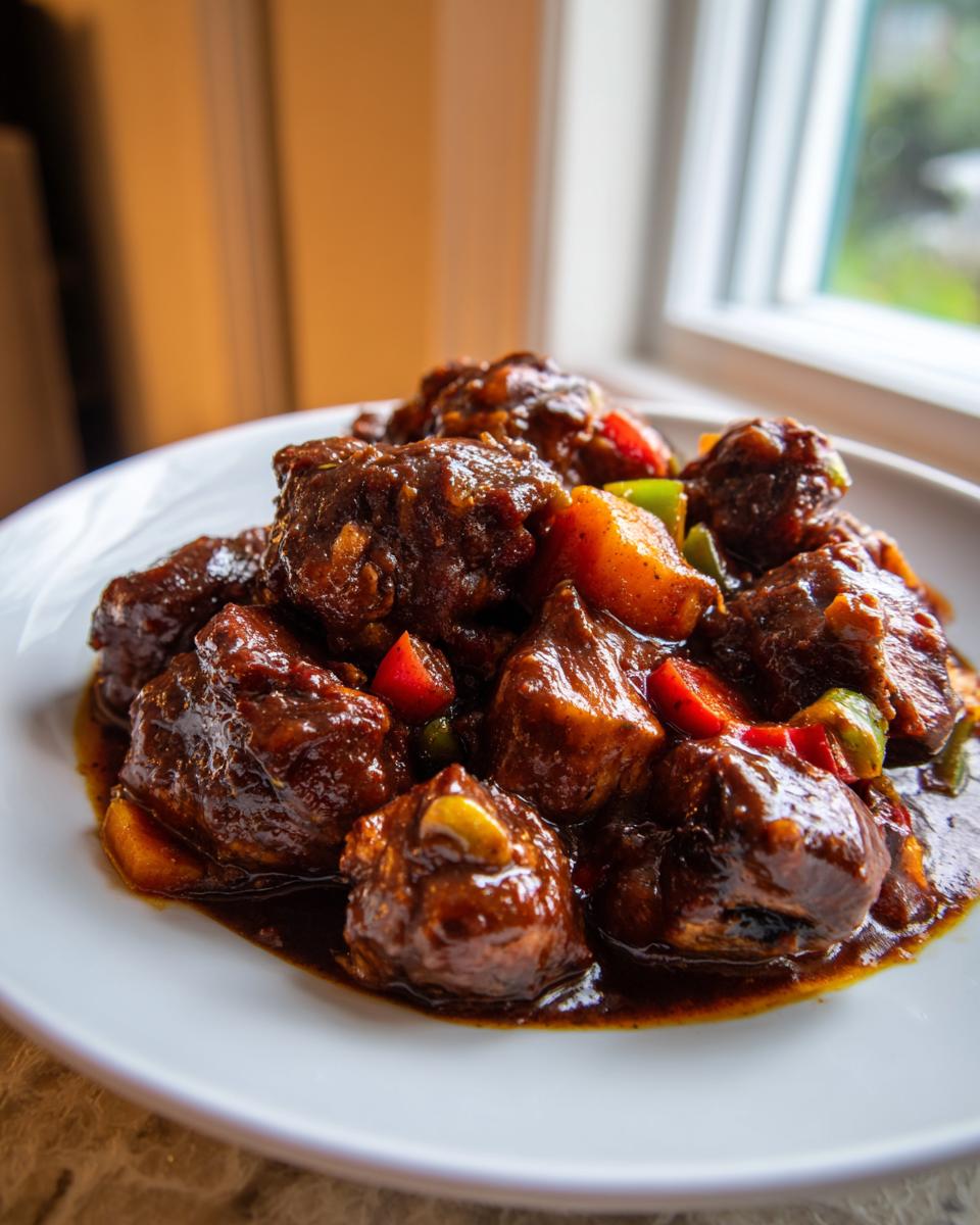 Close-up of rich, dark brown stew chicken pieces coated in thick sauce with visible peppers and potatoes.