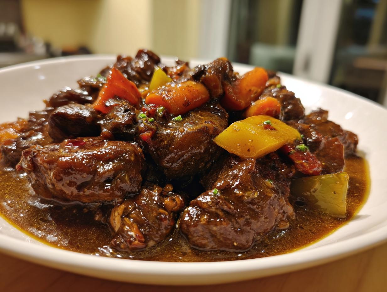 Close-up of rich, dark brown stew chicken pieces swimming in savory sauce with carrots and peppers.