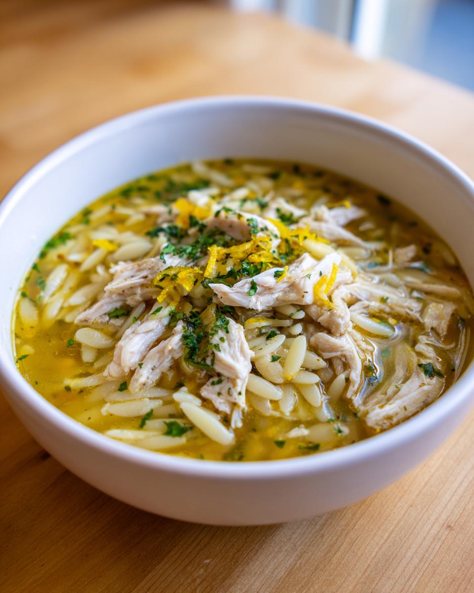 Close-up of a white bowl filled with amazing chicken orzo soup, topped with shredded chicken, parsley, and lemon zest.