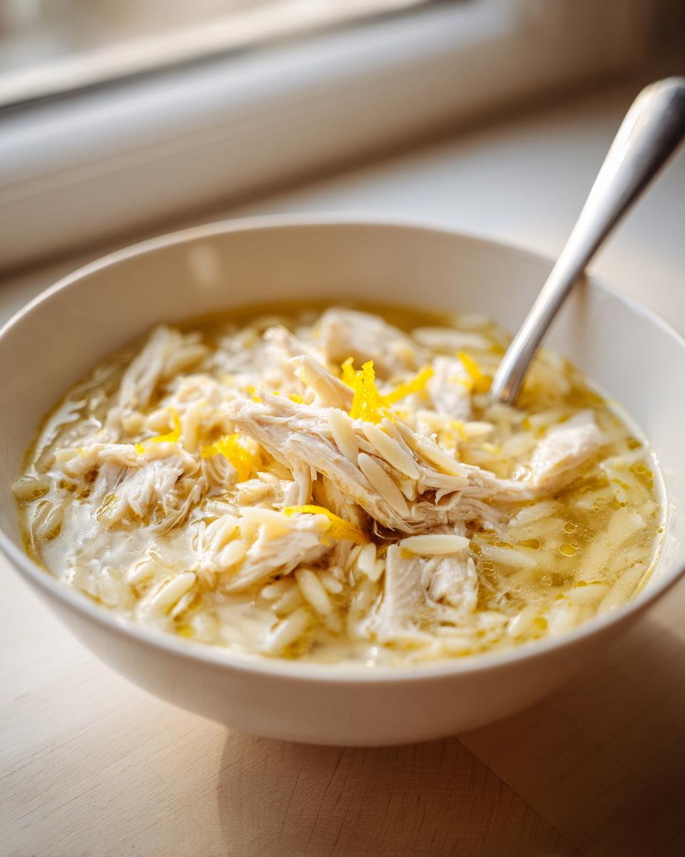 Close-up of a white bowl filled with creamy chicken orzo soup, topped with shredded chicken and bright yellow lemon zest.