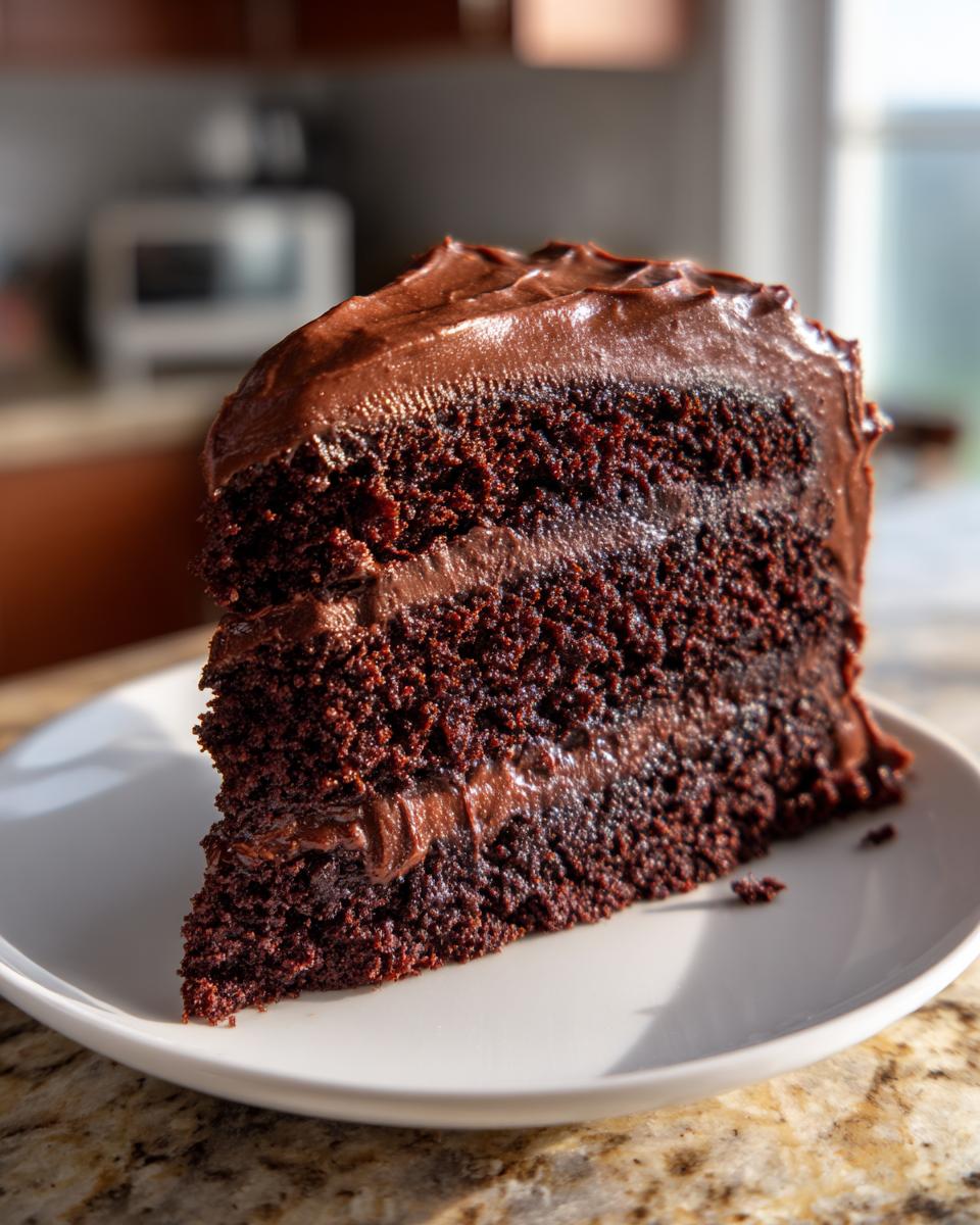 A decadent slice of amazing chocolate cake with thick, dark chocolate frosting layers on a white plate.