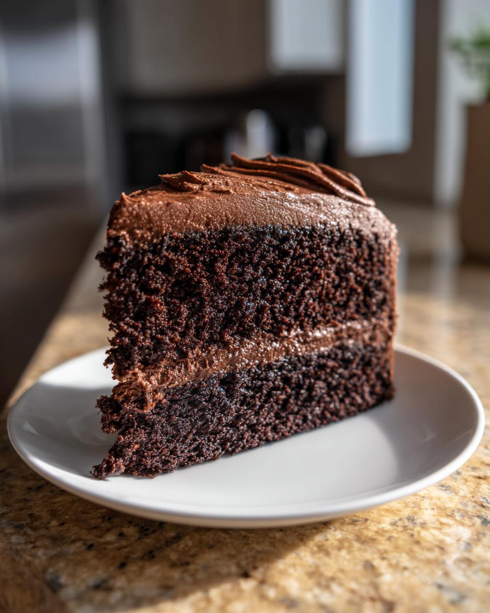 A moist, dark slice of amazing chocolate cake layered and topped with rich chocolate frosting.