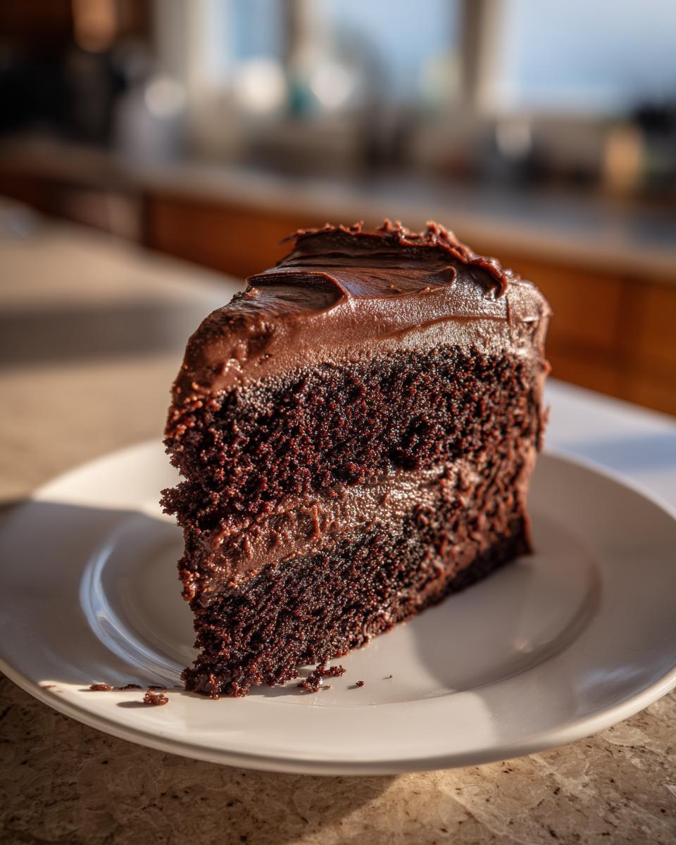 A decadent slice of amazing chocolate cake with thick, glossy chocolate frosting, sitting on a white plate.