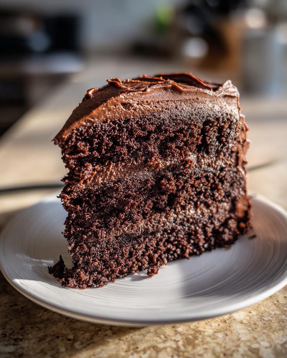 Close-up of a rich, dark slice of amazing chocolate cake layered with thick chocolate frosting on a white plate.
