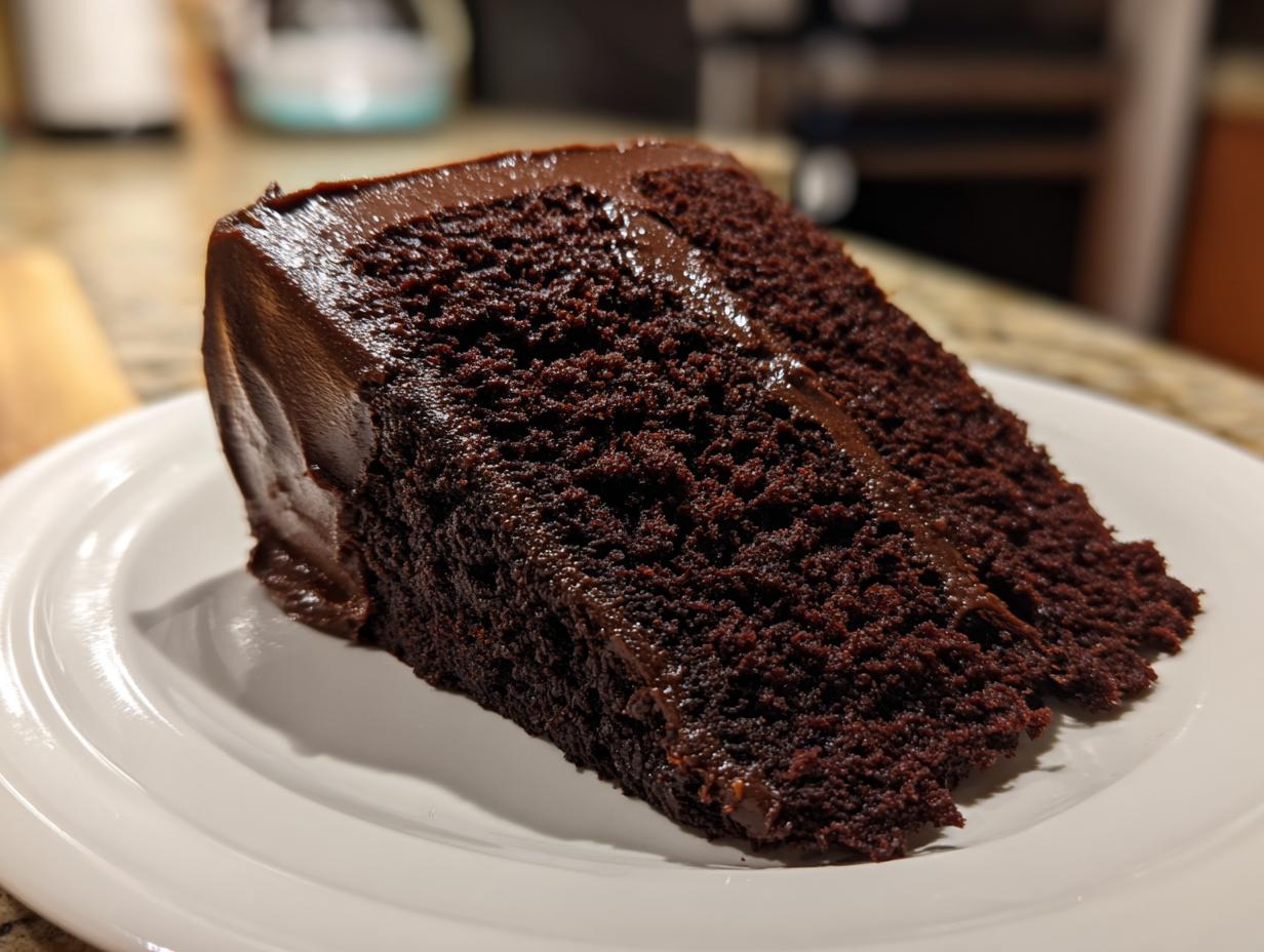 Close-up of a thick, moist slice of dark chocolate cake layered with rich chocolate frosting.
