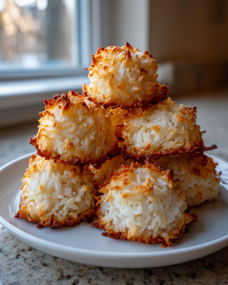 A small stack of perfectly baked coconut macaroons with toasted edges on a white plate.