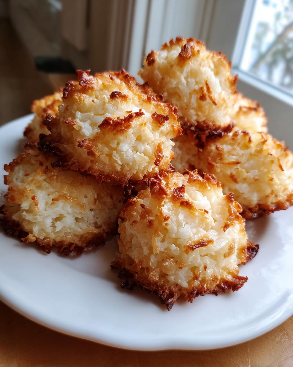 A pile of golden brown and white coconut macaroons stacked on a white plate.