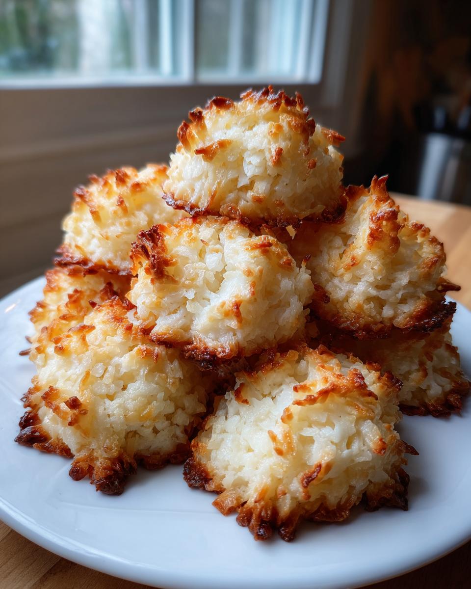 A close-up stack of golden brown and chewy coconut macaroons on a white plate.