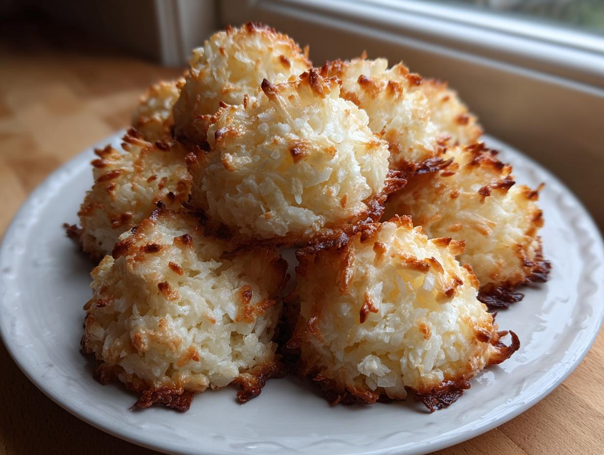 A close-up photo of several golden-brown coconut macaroons piled on a white plate.