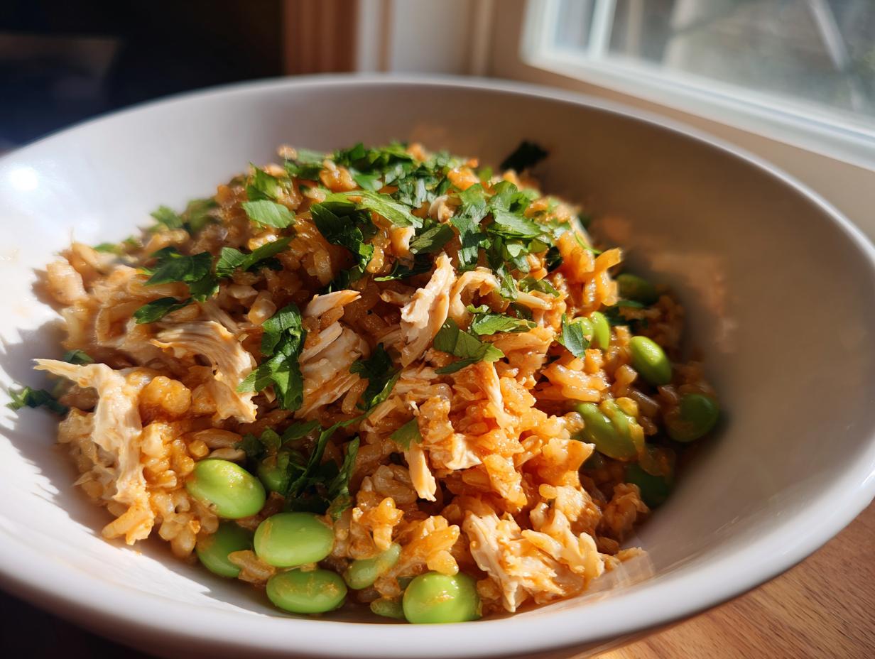 A white bowl filled with amazing crispy rice salad mixed with shredded chicken and bright green edamame, topped with fresh parsley.