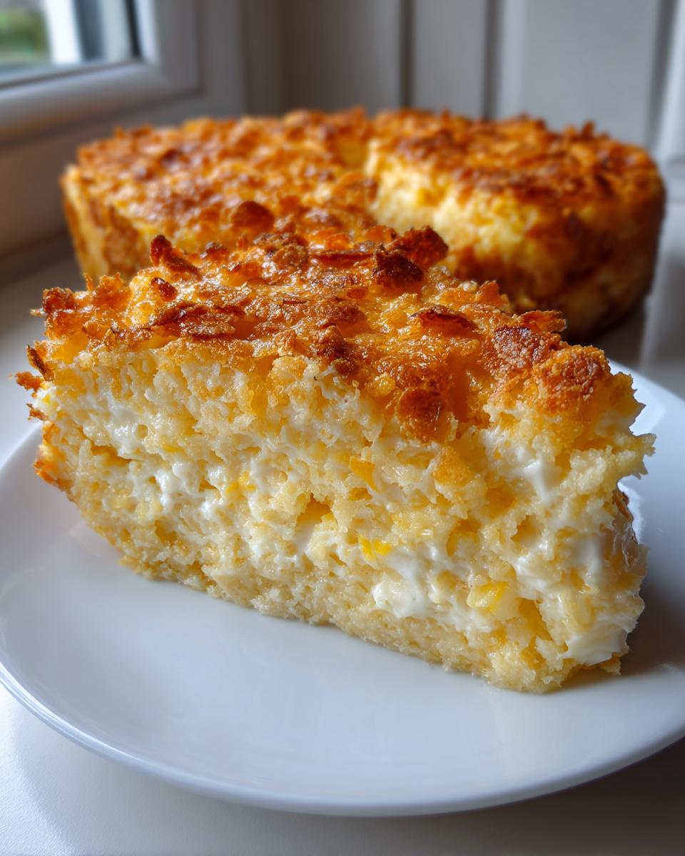 A thick slice of creamy, baked squash casserole with a crunchy, golden topping served on a white plate.