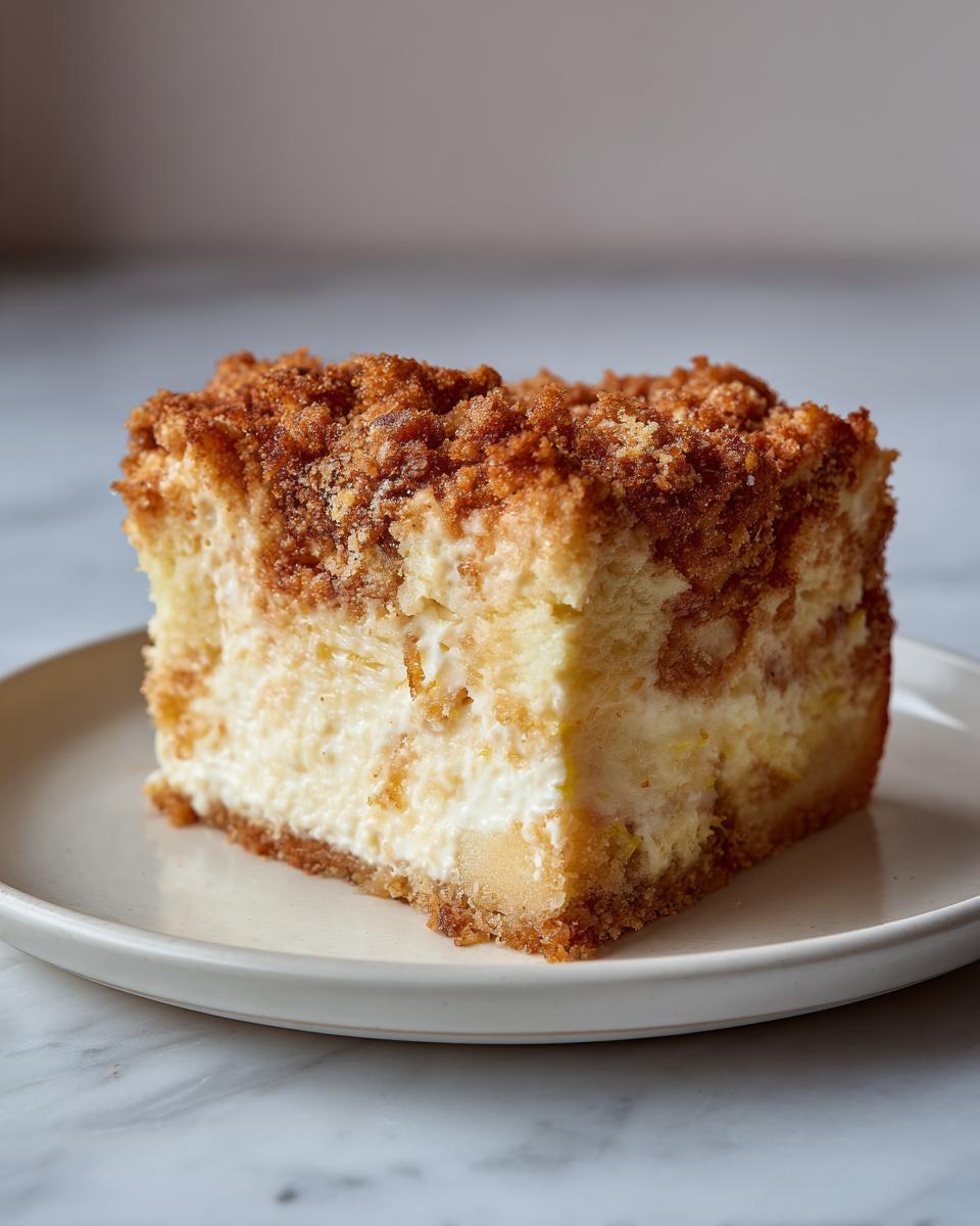 Close-up of a square slice of creamy squash casserole topped with a thick, brown cinnamon crumble topping.