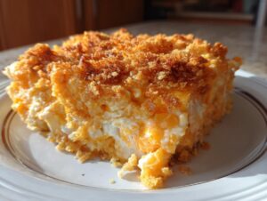A close-up slice of creamy, orange squash casserole topped with a crunchy, golden brown crumb topping.