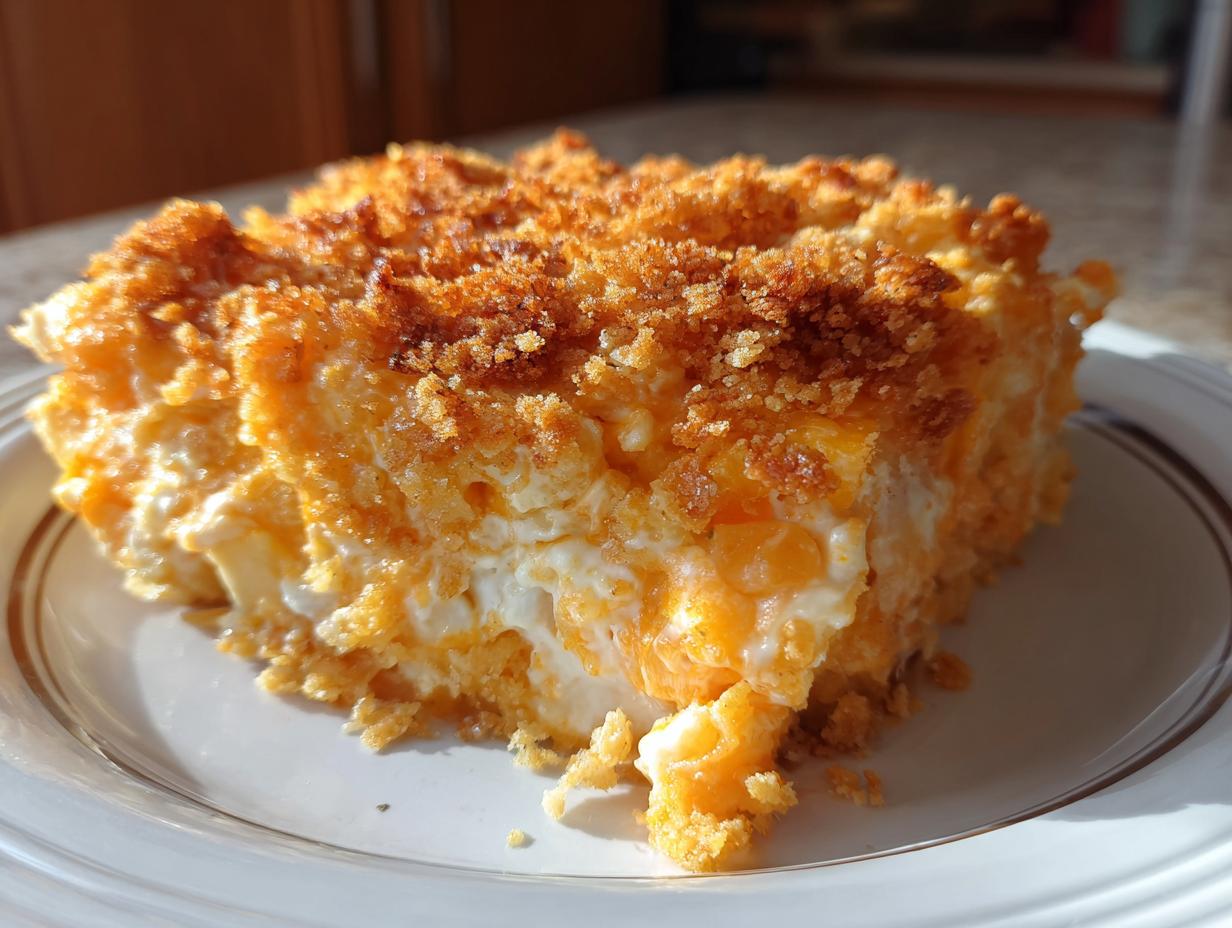 A close-up slice of creamy, orange squash casserole topped with a crunchy, golden brown crumb topping.