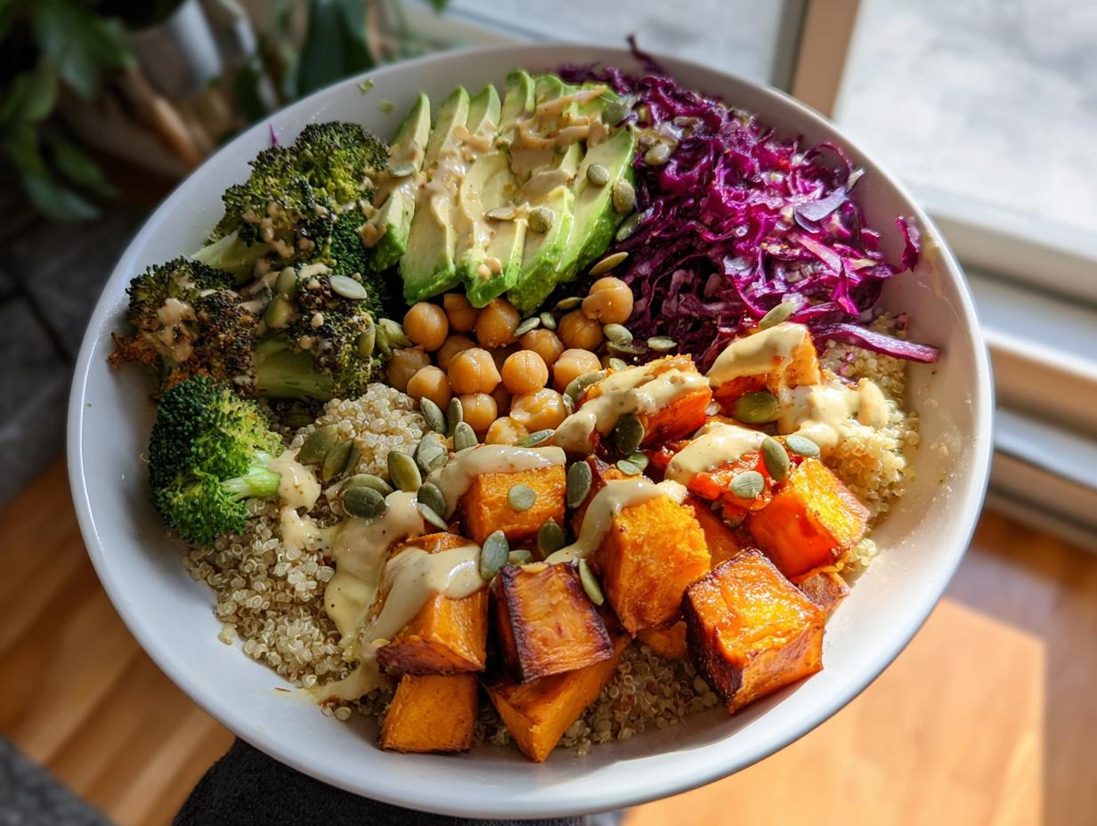 Overhead view of a vibrant vegan buddha bowl featuring quinoa, roasted sweet potatoes, avocado, and broccoli.