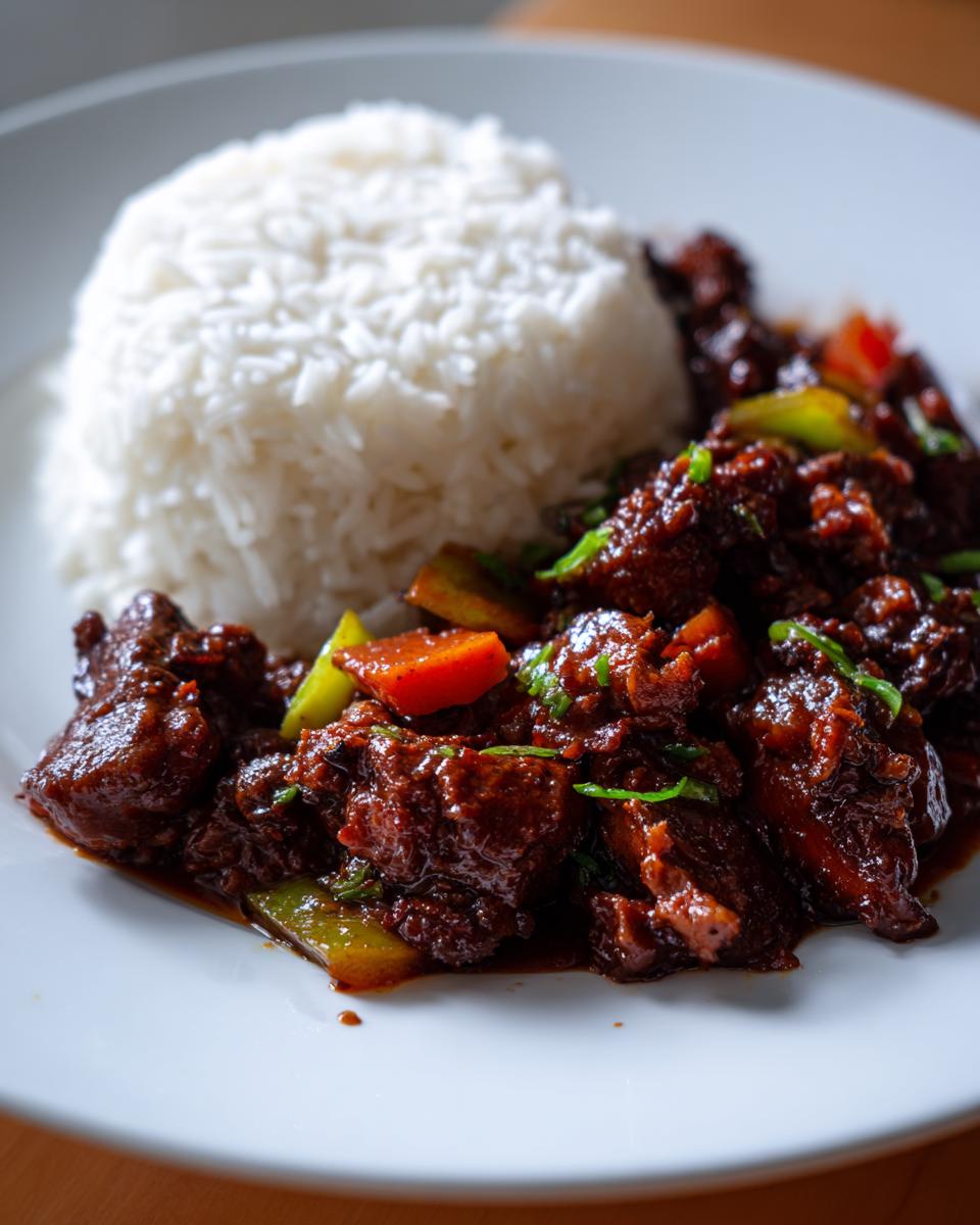 A close-up of rich brown stew chicken served next to a mound of fluffy white rice on a white plate.