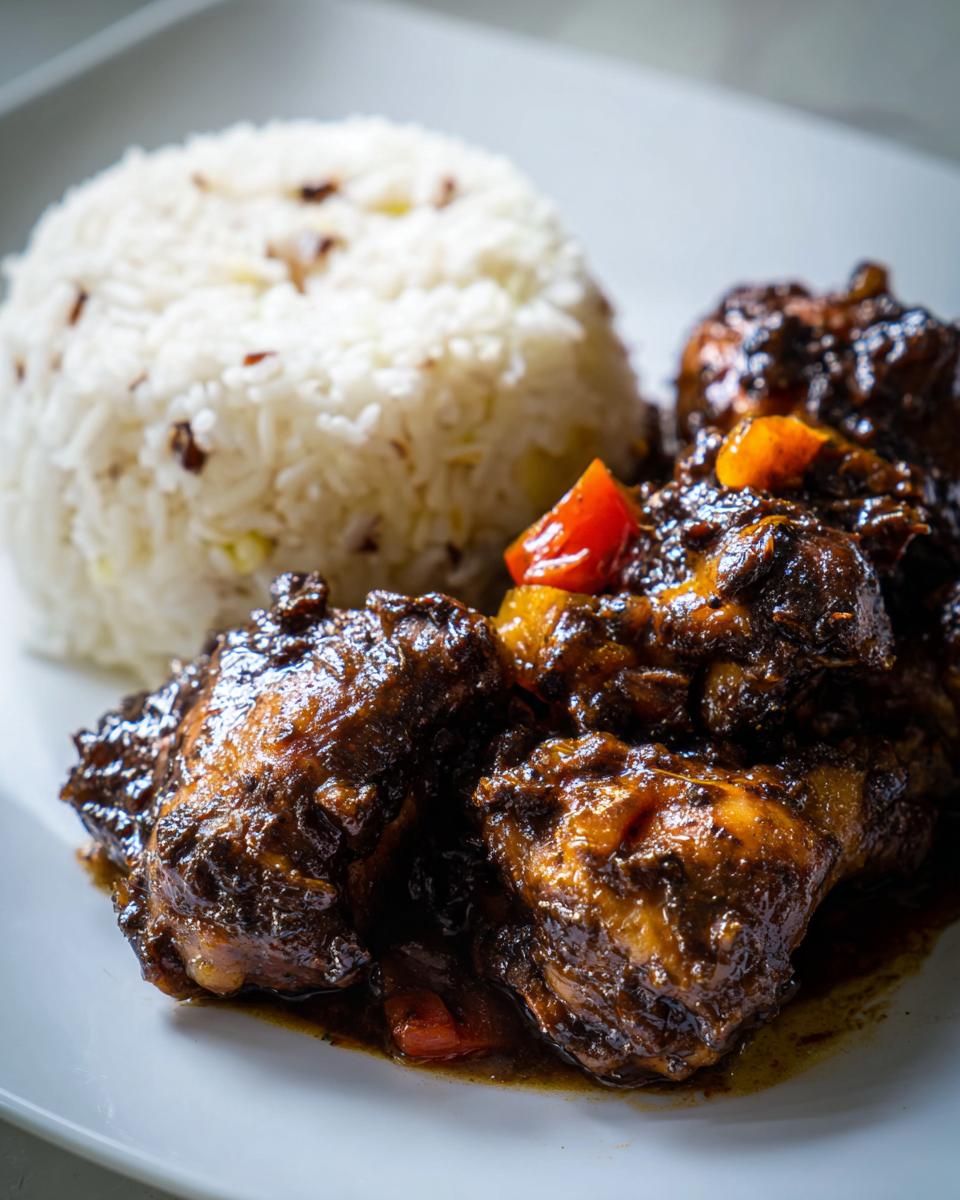 Close-up of rich brown stew chicken pieces next to a mound of fluffy white rice on a white plate.