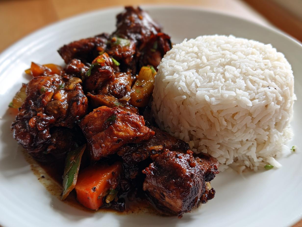 A close-up of rich, dark brown stew chicken served next to a perfectly molded mound of fluffy white rice.