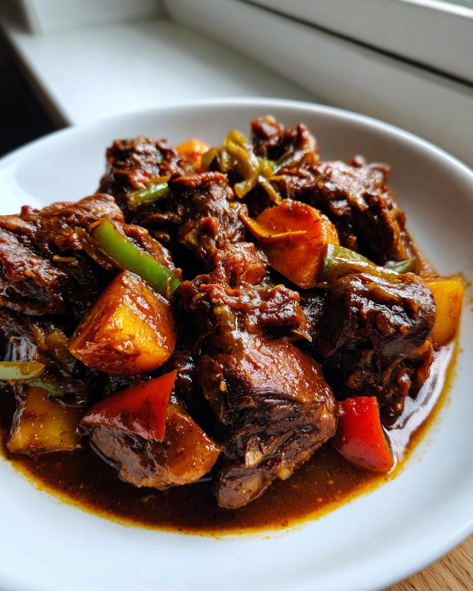 Close-up of rich, dark brown stew chicken pieces with potatoes and bell peppers in a white bowl.