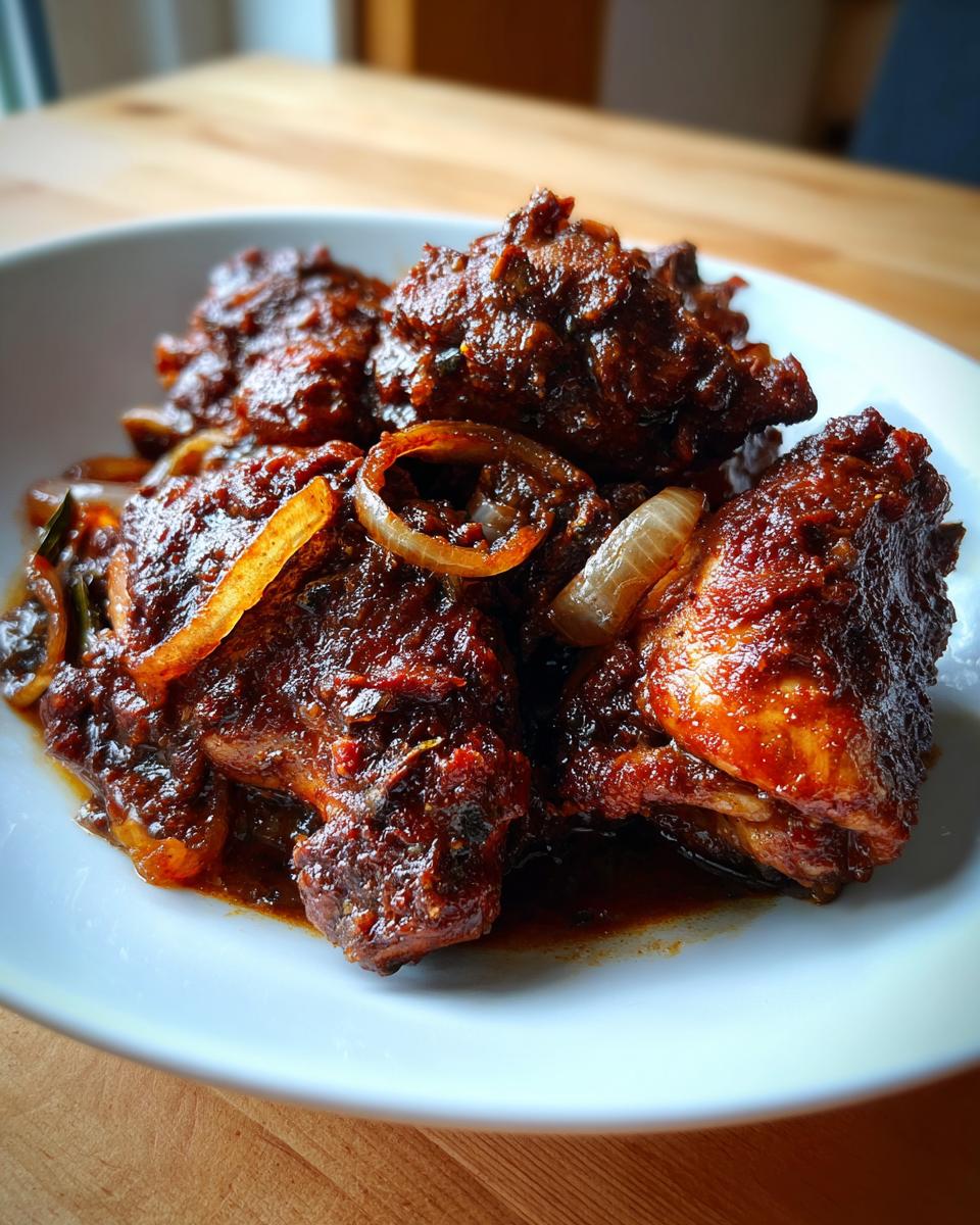 Close-up of rich, dark brown stew chicken jamaican crock pot pieces served on a white plate with onions.