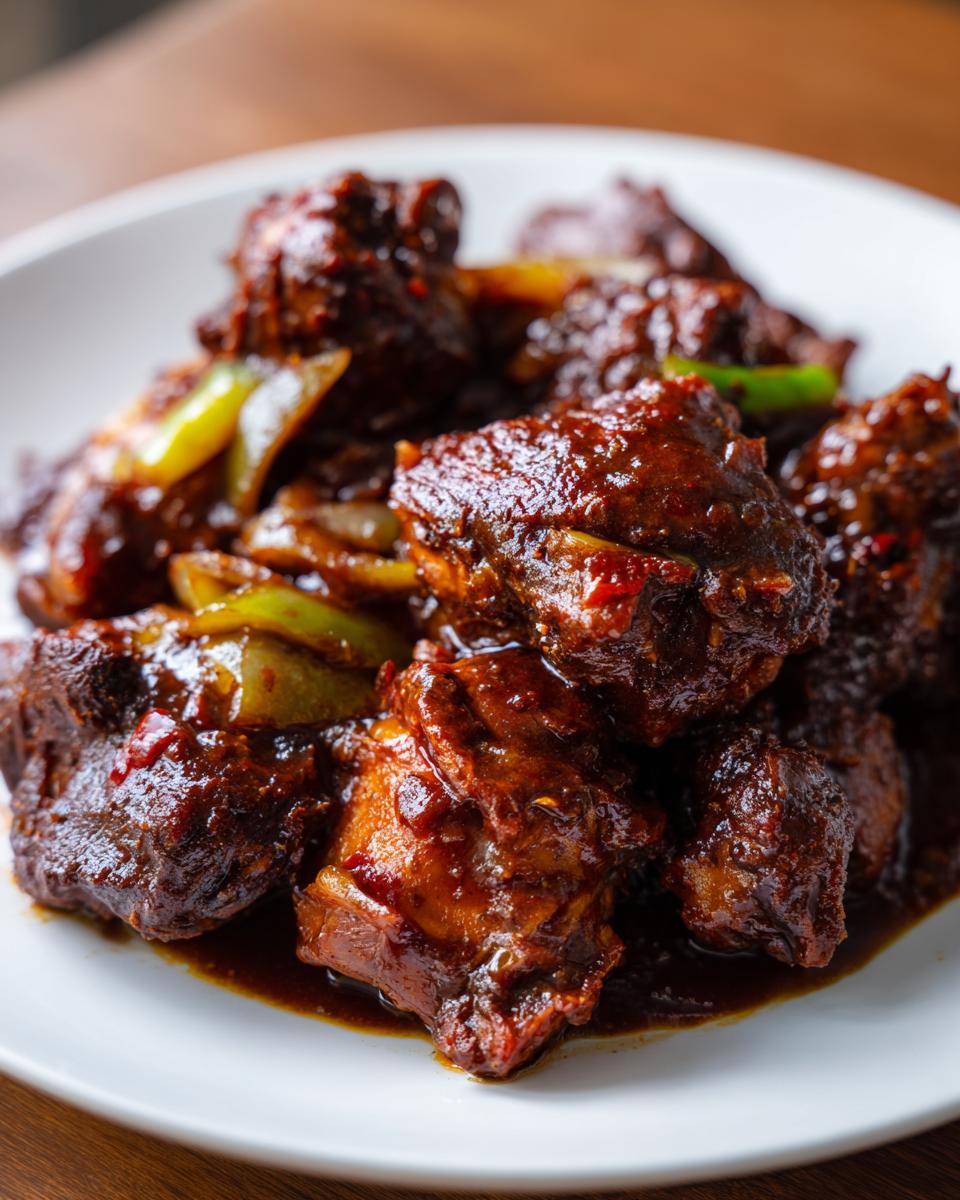 Close-up of rich, dark brown stew chicken jamaican crock pot pieces coated in thick sauce with green peppers.