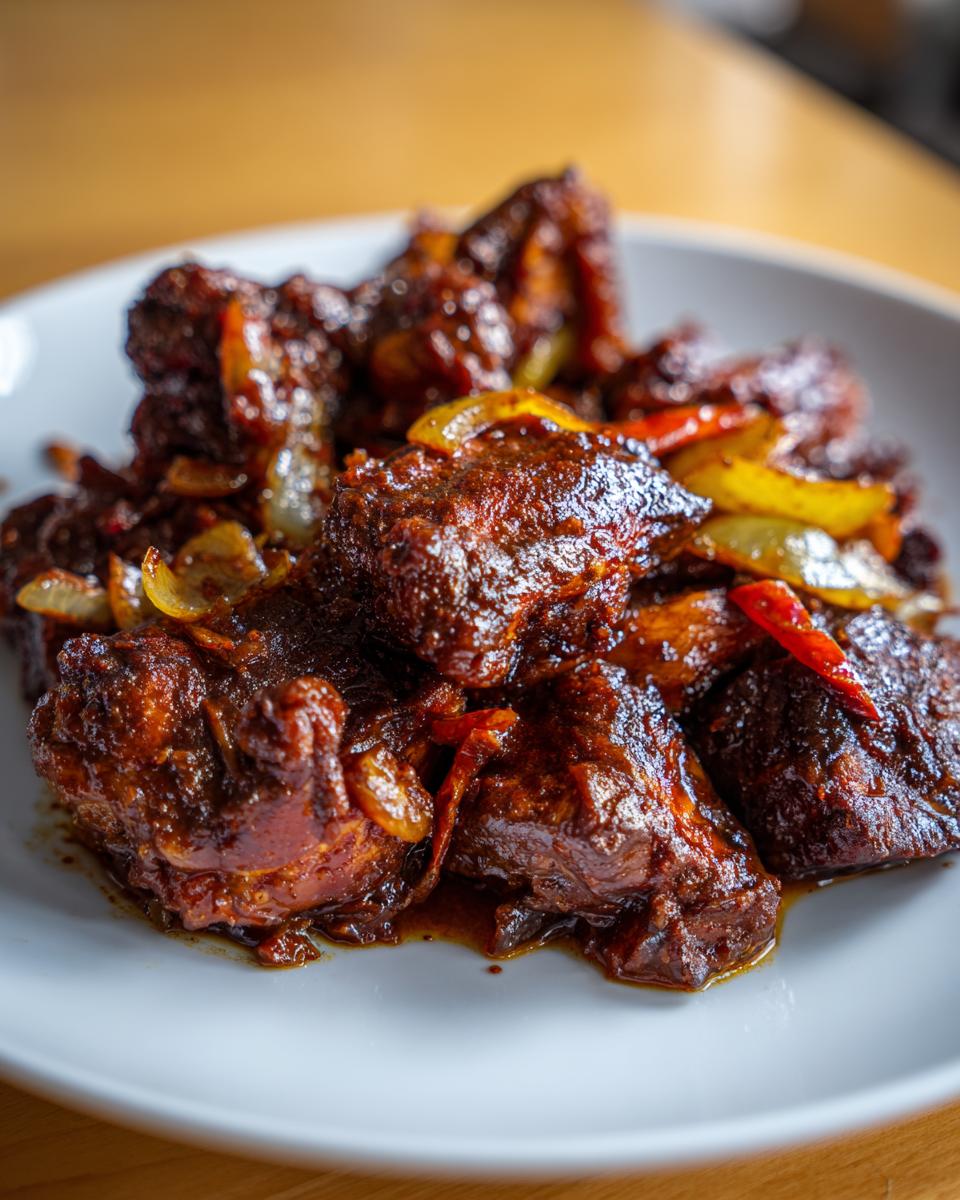 Close-up of rich, dark brown stew chicken jamaican crock pot pieces on a white plate with sautéed onions and peppers.