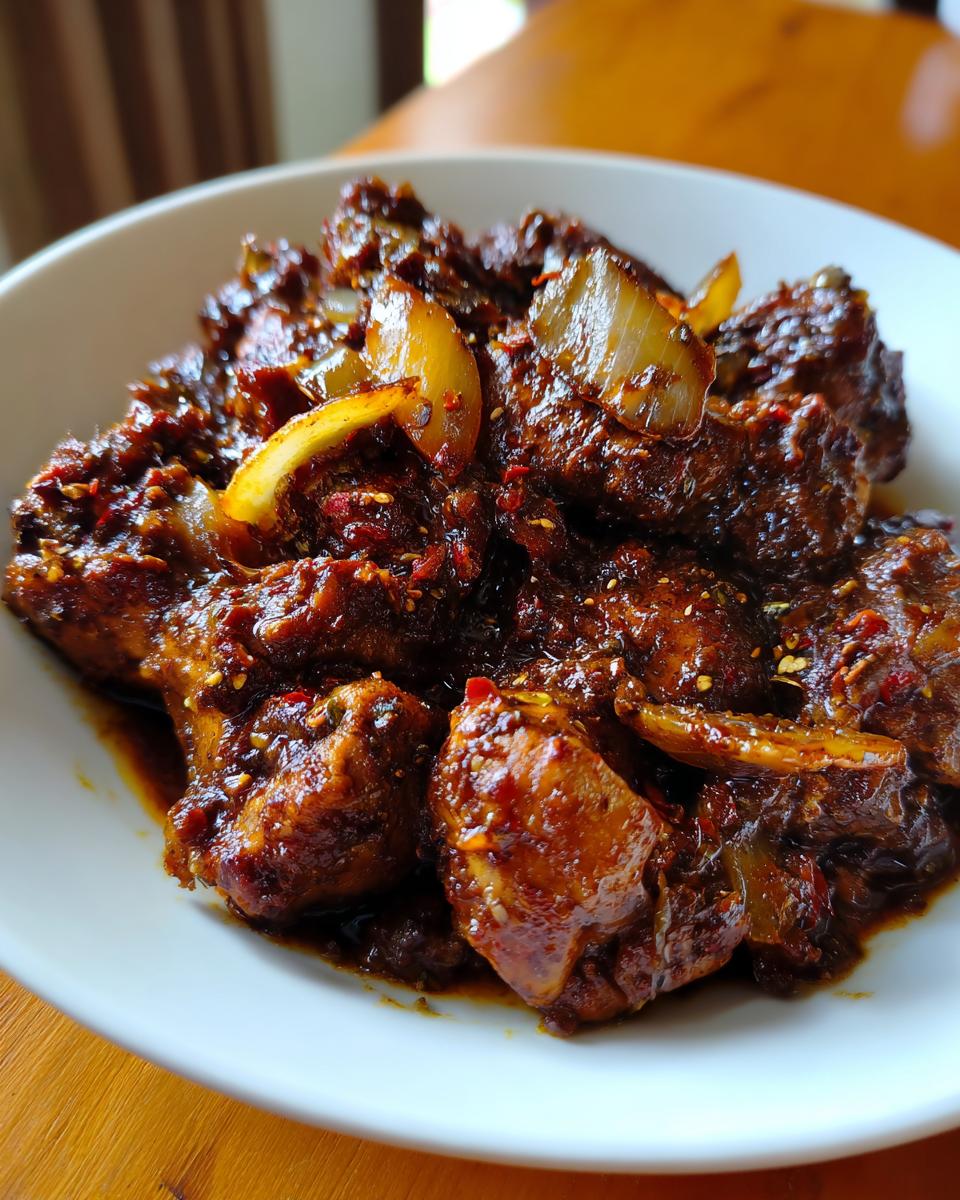 Close-up of rich, dark brown stew chicken jamaican crock pot pieces served in a white bowl with caramelized onions.