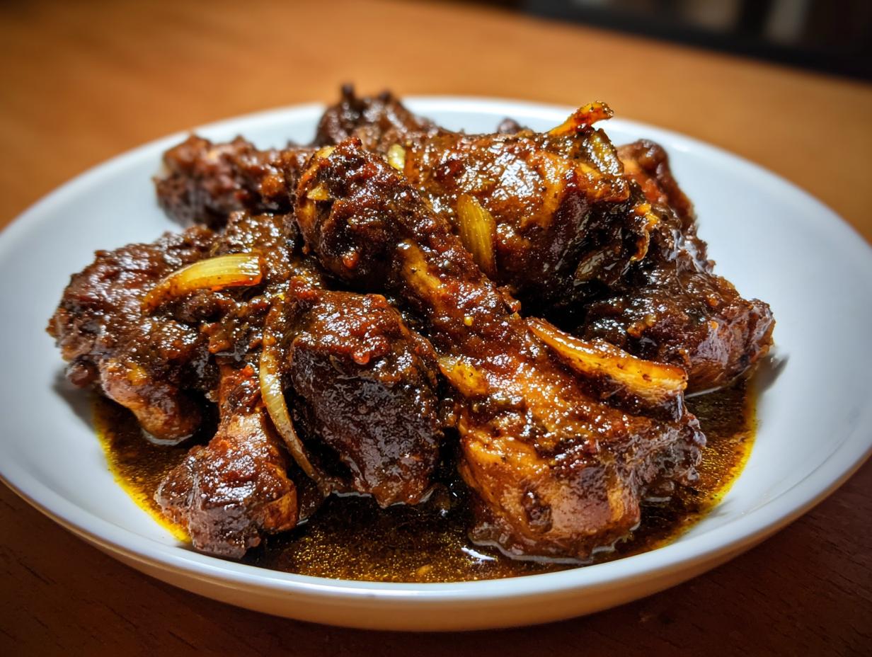 Close-up of rich, dark brown stew chicken jamaican crock pot pieces covered in thick sauce on a white plate.