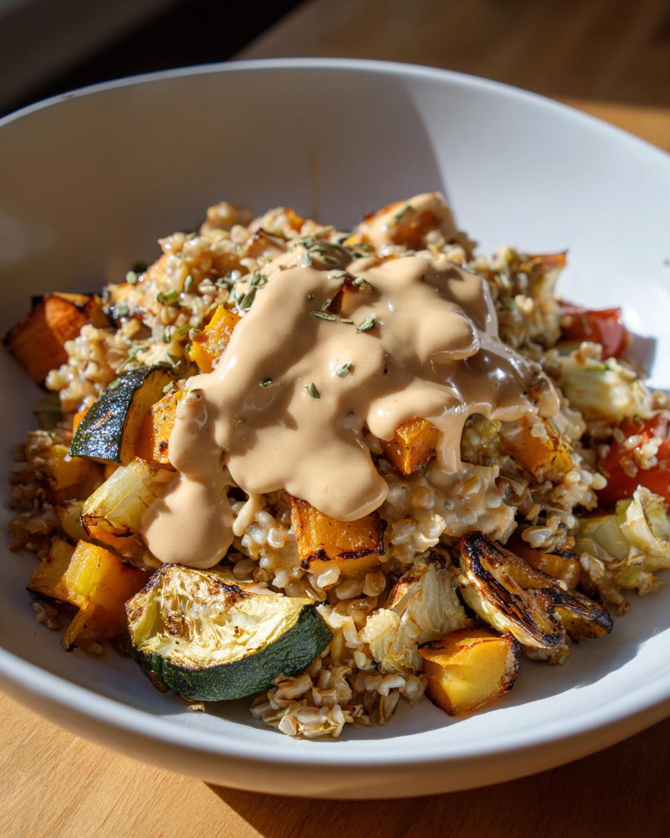 Close-up of a buddha bowl topped with creamy buddha bowl dressing, roasted squash, zucchini, and grains.