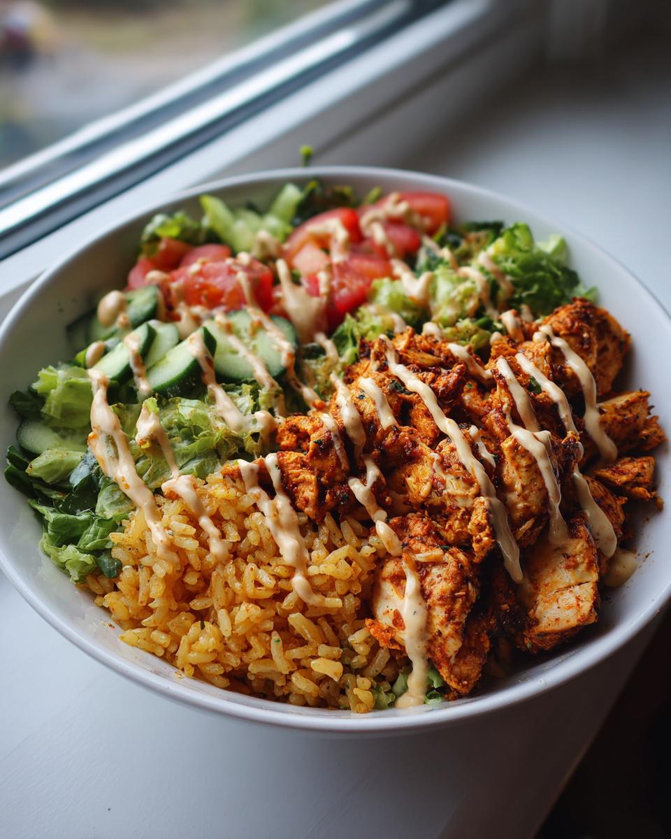 A close-up of a bowl containing seasoned chicken shawarma, yellow rice, lettuce, tomatoes, cucumbers, and a creamy sauce drizzle.