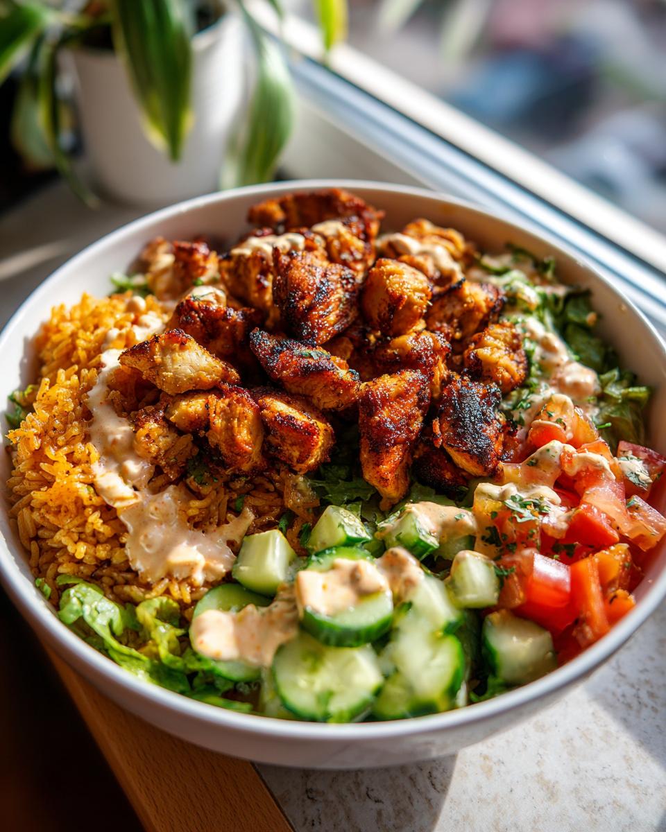 A vibrant bowl featuring chicken shawarma crispy rice salad with seasoned chicken, yellow rice, cucumbers, and tomatoes.