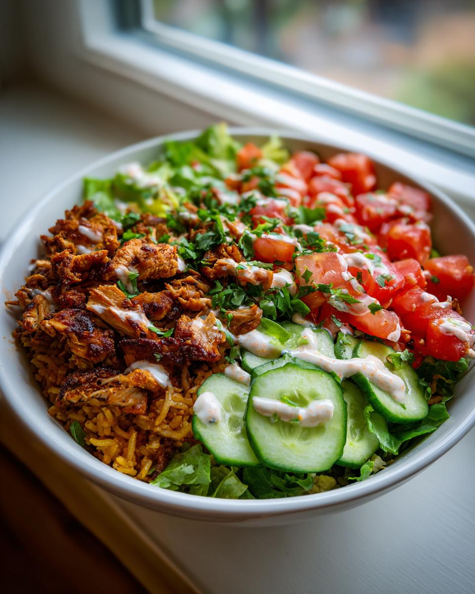 A close-up of a chicken shawarma crispy rice salad bowl with seasoned chicken, rice, cucumbers, tomatoes, and white sauce.